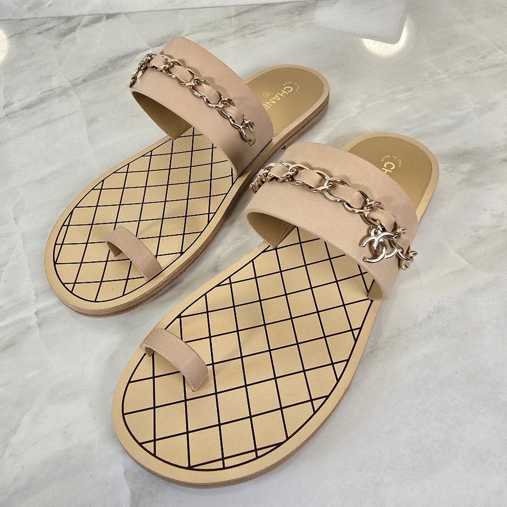 Chanel Beige Sandals with Gold Chain